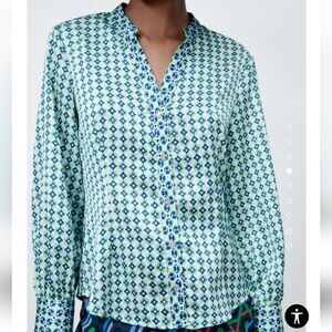 Zara Round Collar Blouse V-Neck Front Metal Buttons Long Sleeve Shirt Size XL